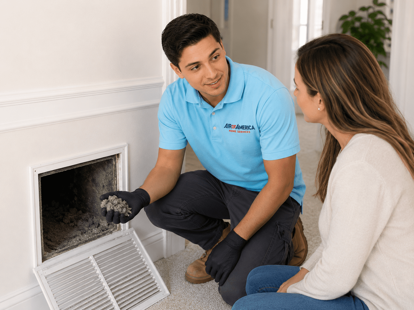 Air of America technician performing professional air duct cleaning in a Virginia Beach home