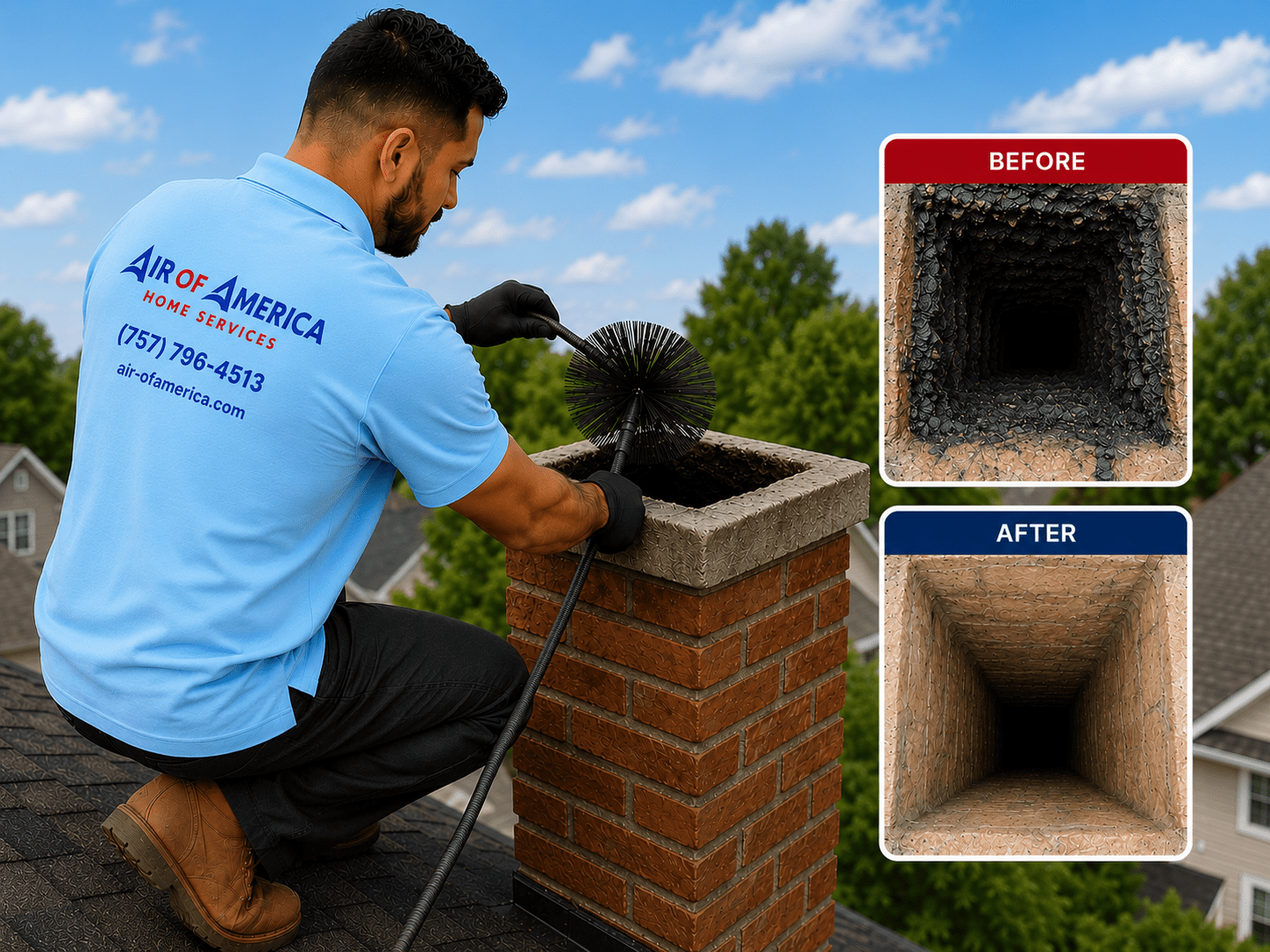 Air of America chimney technician inspecting a fireplace in a Hampton Roads home