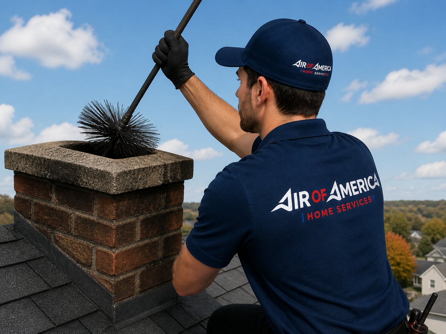 Air of America chimney technician inspecting a fireplace in a Hampton Roads home
