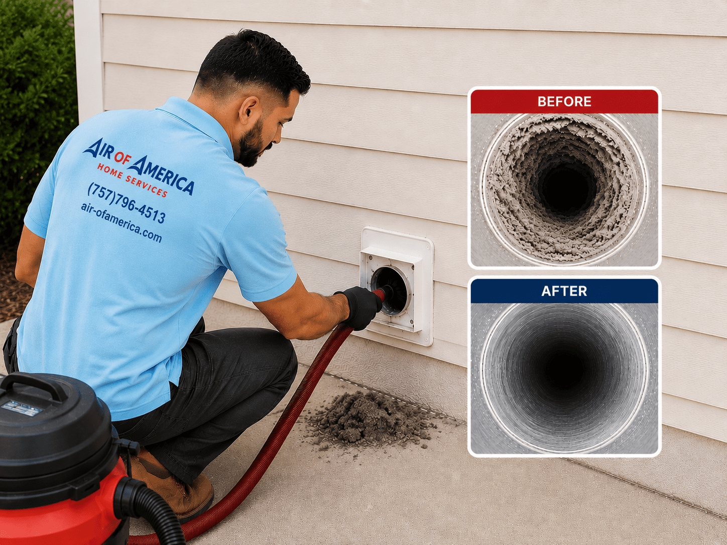 Air of America technician cleaning a clogged dryer vent in a Hampton Roads home