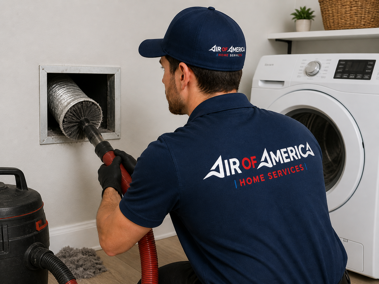 Air of America technician cleaning a clogged dryer vent in a Hampton Roads home
