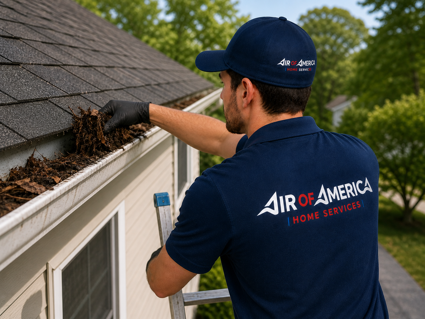 Air of America technician cleaning gutters on a Virginia Beach home