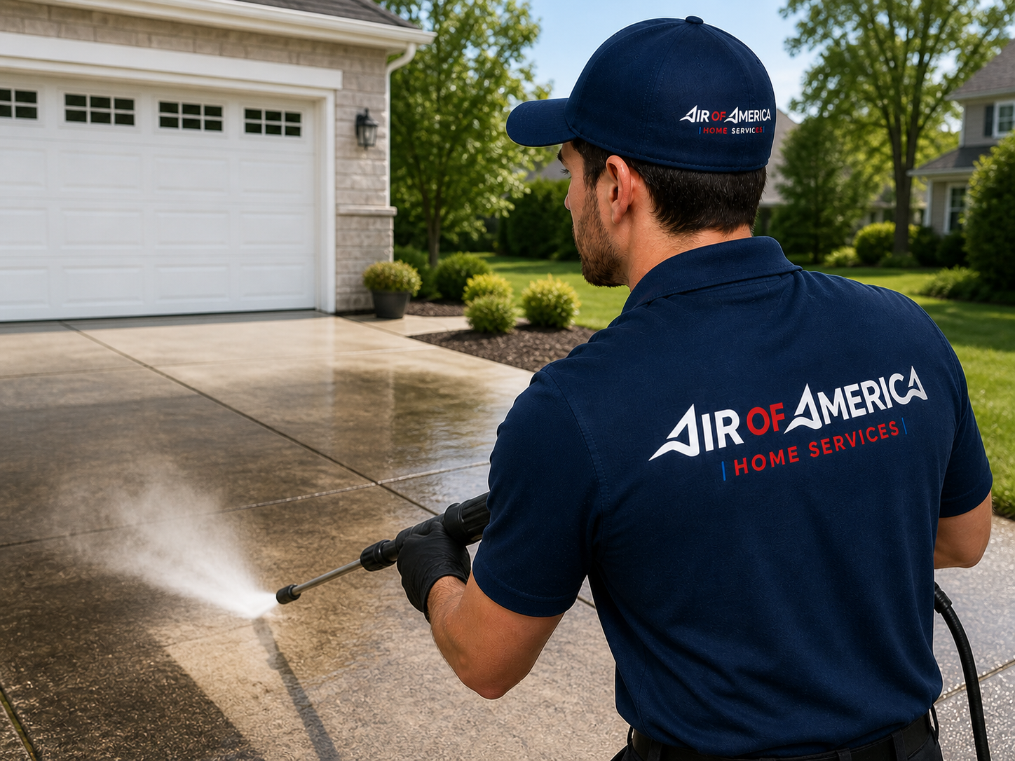 Air of America technician power washing a driveway in Virginia Beach