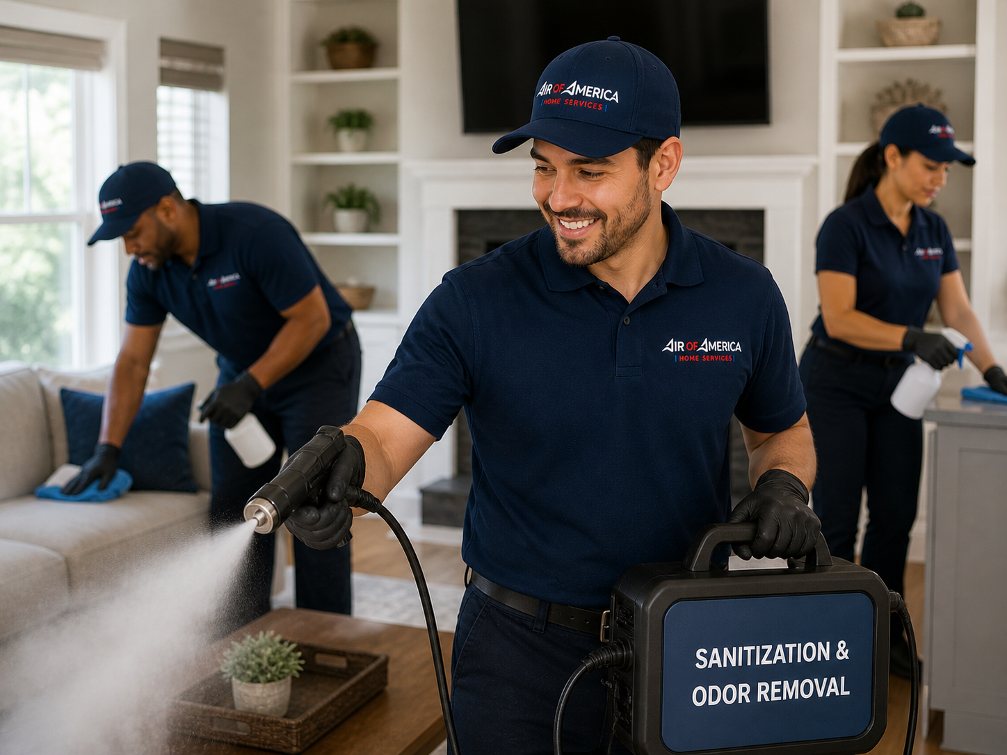 Air of America technician applying sanitization treatment to home HVAC system